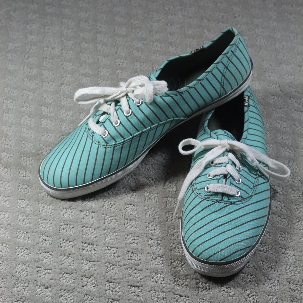 Classic Iconic Keds Size 9.5 Aqua with Brown Stripes Canvas Sneakers